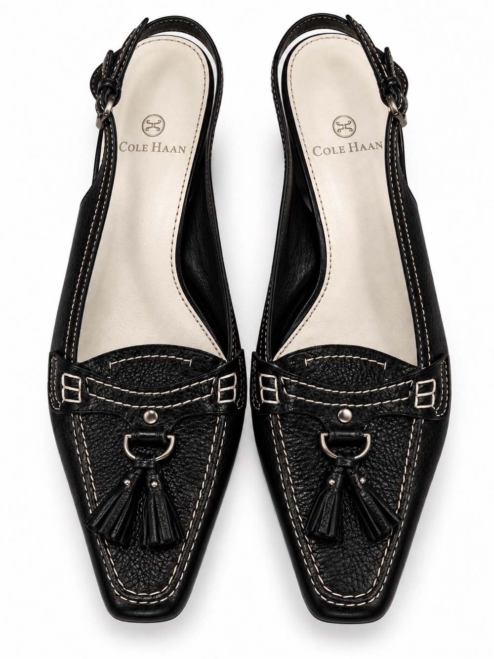 Cole Haan Vintage Y2K Black Pebble Leather Tassel Slingback Kitten Heels Size 8